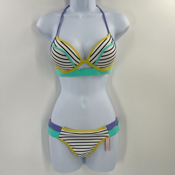 Victoria's Secret 32C/S Hottie Itsy Bikini Set Stripe Push-Up Neon Colorblock - Picture 14 of 15